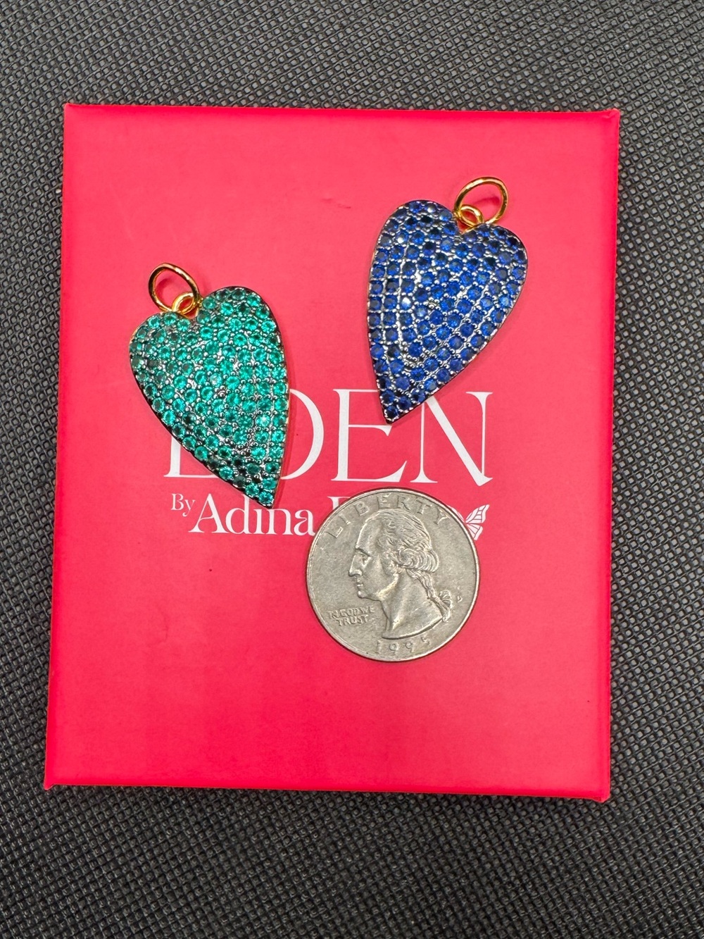 NIB 14k Yellow Gold Plated Emerald and Sapphire CZ Heart Pendants